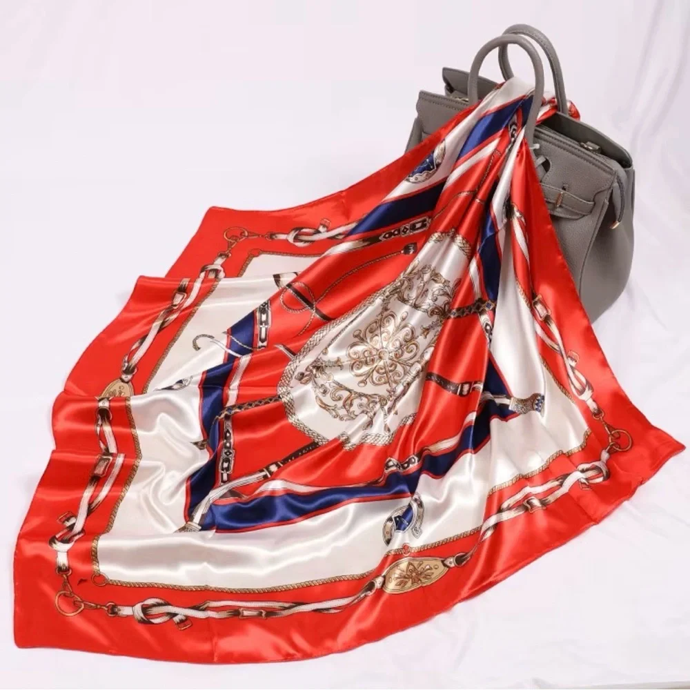 Red & Cream Equestrian Print Scarf –‎ 35” x 35” – New in Packaging + Gift Box